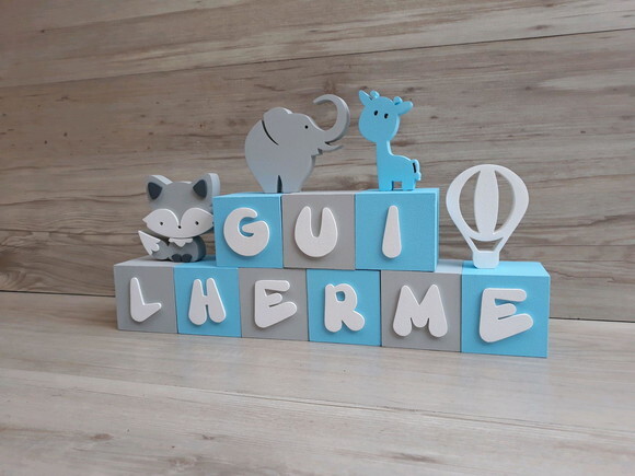 Combo Nome Cubos 6 x 6 x 6 cm + Raposa Elefante Girafa Balão