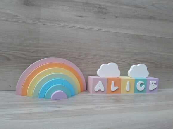 Kit Arco Íris + Nuvens + Nome Cubos 6x6x6 cm 5 Letras - mdf