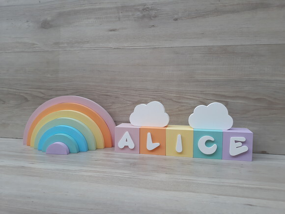 Kit Arco Íris + Nuvens + Nome Cubos 6x6x6 cm 5 Letras - mdf