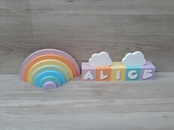 Kit Arco Íris + Nuvens + Nome Cubos 6x6x6 cm 5 Letras - mdf