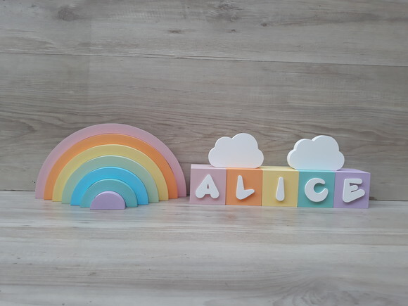 Kit Arco Íris + Nuvens + Nome Cubos 6x6x6 cm 5 Letras - mdf