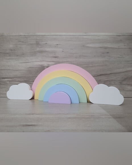 Kit Arco Íris, Nuvens, Nome Personalizado - Decoração em mdf