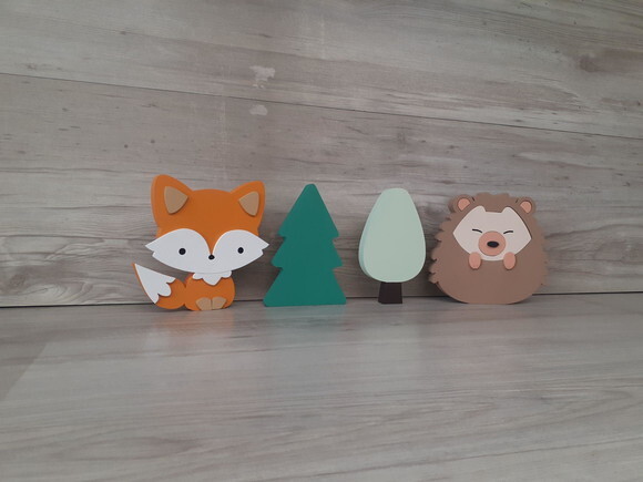 Kit Decoração Escandinava - Porco Espinho + Raposa + Árvores