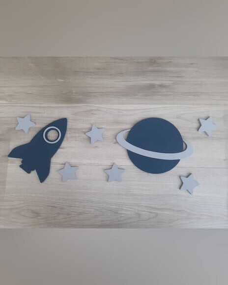 Kit Espacial de Parede em mdf - Foguete + Planeta + Estrelas