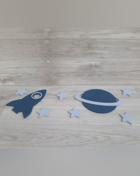 Kit Espacial de Parede em mdf - Foguete + Planeta + Estrelas