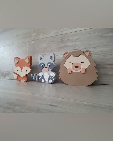 Kit Guaxinim, Porco Espinho e Raposa - 15 cm - em mdf