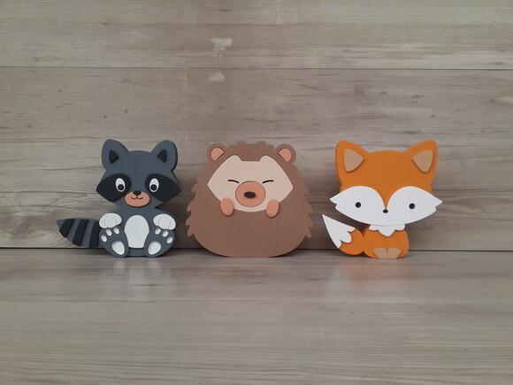 Kit Guaxinim, Porco Espinho e Raposa - 15 cm - em mdf