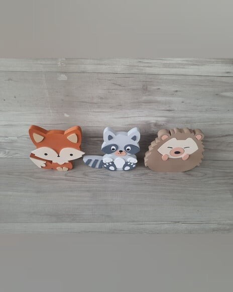 Kit Guaxinim, Porco Espinho e Raposa - 15 cm - em mdf