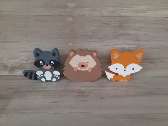 Kit Guaxinim, Porco Espinho e Raposa - 15 cm - em mdf