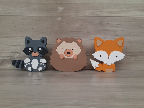 Kit Guaxinim, Porco Espinho e Raposa - 15 cm - em mdf