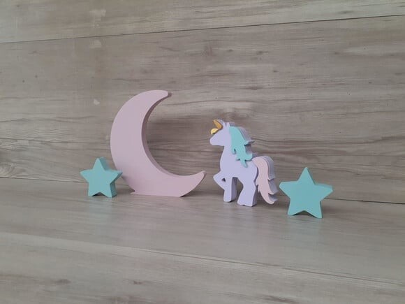 Kit Lua, Estrelas e Unicórnio - Peças de Mesa em mdf