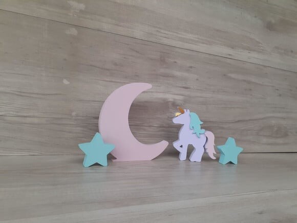 Kit Lua, Estrelas e Unicórnio - Peças de Mesa em mdf