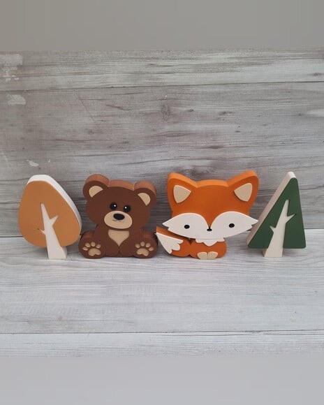 Kit Ursinho, Raposa e Árvores - 15 cm - mdf