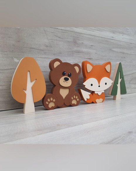 Kit Ursinho, Raposa e Árvores - 15 cm - mdf
