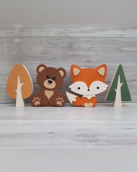 Kit Ursinho, Raposa e Árvores - 15 cm - mdf