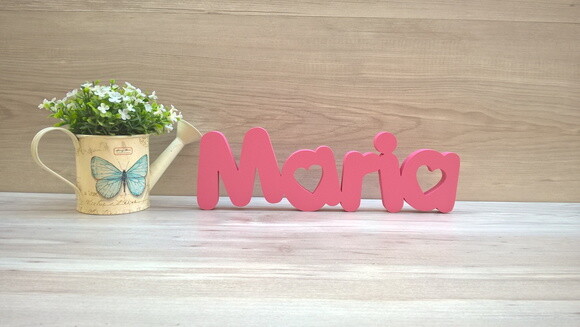 Nome de mesa em MDF - Mod PK Vazado Coração - Maria 10 cm