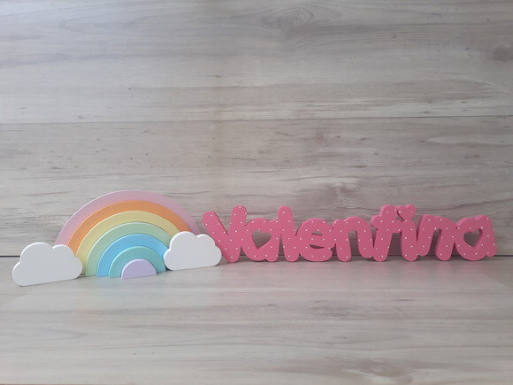 Nome de Mesa em mdf - Valentina 10 cm + Arco Íris + Nuvens