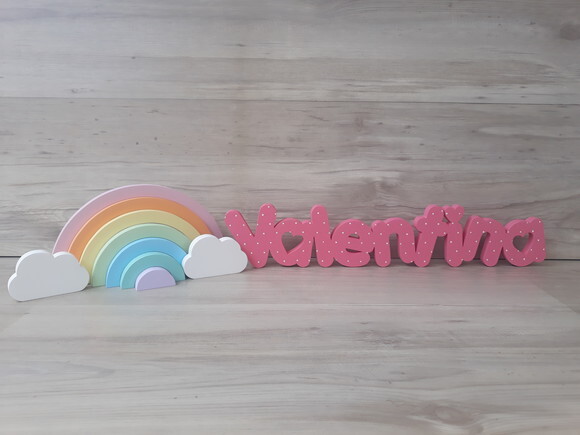Nome de Mesa em mdf - Valentina 10 cm + Arco Íris + Nuvens