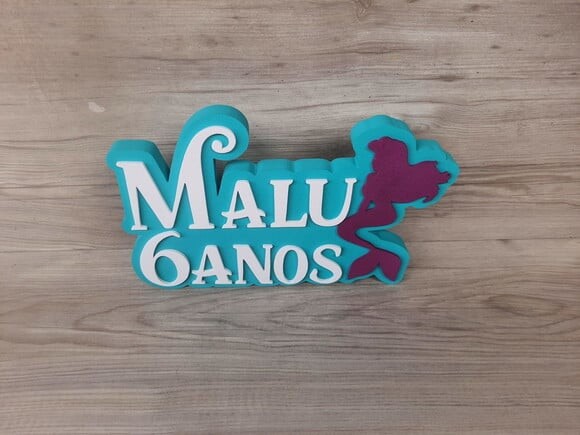 Nome de Mesa Tema Pequena Sereia - Malu 6 Anos - 17 cm