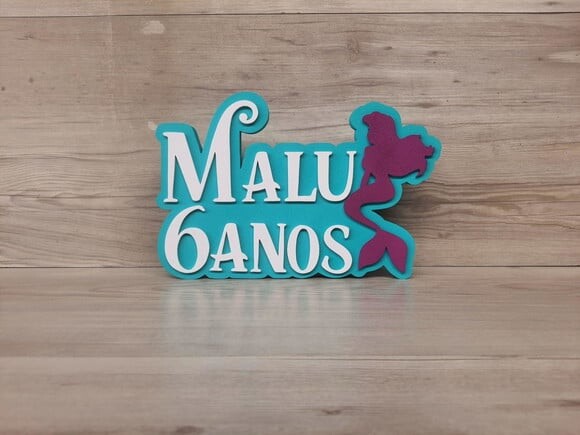 Nome de Mesa Tema Pequena Sereia - Malu 6 Anos - 17 cm