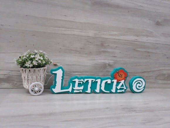 Nome em MDF - Tema MOANA - Leticia 12 cm + Simbolo Te Fiti
