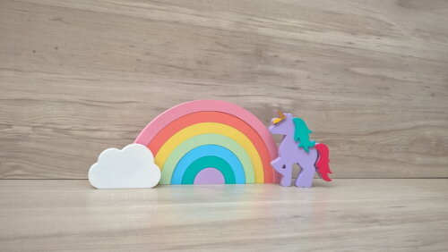 Arco Íris + nuvem + Unicórnio - peças de mesa em mdf