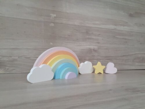 Arco Íris + Nuvens + Estrela + Coração em mdf -tons Pastéis