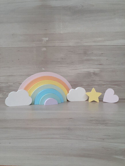 Arco Íris + Nuvens + Estrela + Coração em mdf -tons Pastéis
