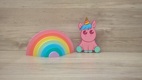 Arco Íris + Unicórnio Bebê - Peças de Mesa em mdf
