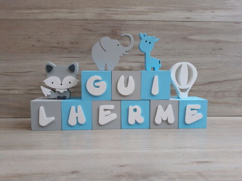 Combo Nome Cubos 6 x 6 x 6 cm + Raposa Elefante Girafa Balão