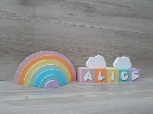 Kit Arco Íris + Nuvens + Nome Cubos 6x6x6 cm 5 Letras - mdf