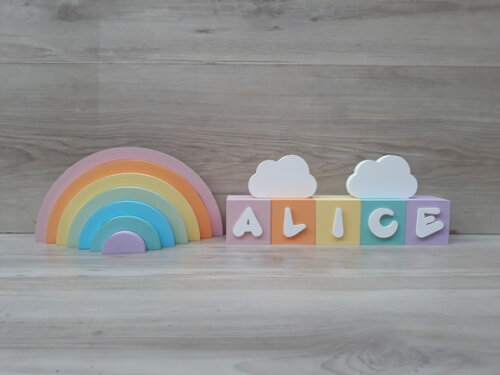 Kit Arco Íris + Nuvens + Nome Cubos 6x6x6 cm 5 Letras - mdf
