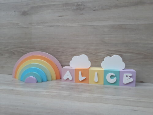 Kit Arco Íris + Nuvens + Nome Cubos 6x6x6 cm 5 Letras - mdf