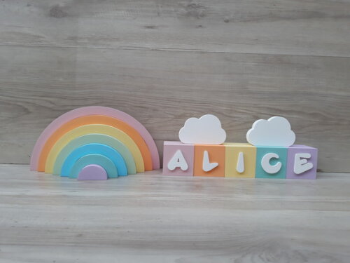 Kit Arco Íris + Nuvens + Nome Cubos 6x6x6 cm 5 Letras - mdf