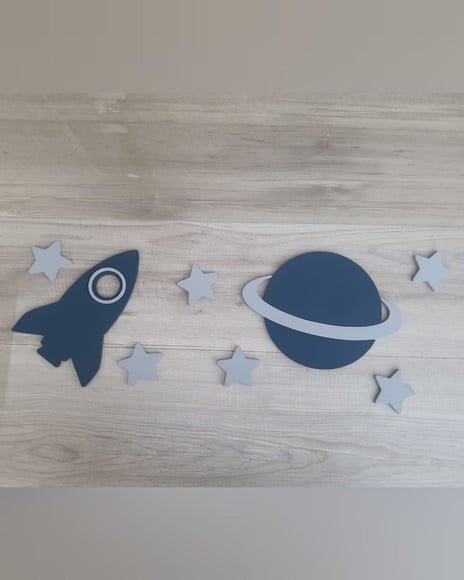 Kit Espacial de Parede em mdf - Foguete + Planeta + Estrelas