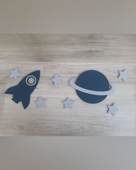 Kit Espacial de Parede em mdf - Foguete + Planeta + Estrelas