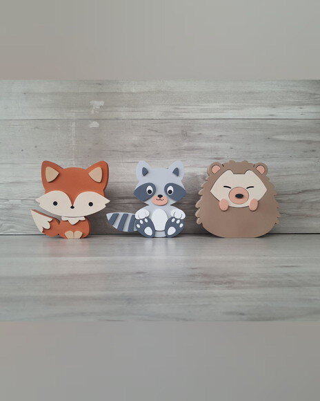Kit Guaxinim, Porco Espinho e Raposa - 15 cm - em mdf