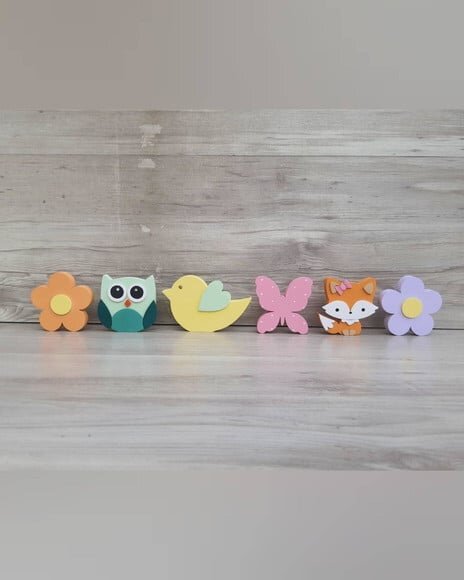 Kit Flores, Raposa, Coruja, Borboleta e Passarinho - 8 cm