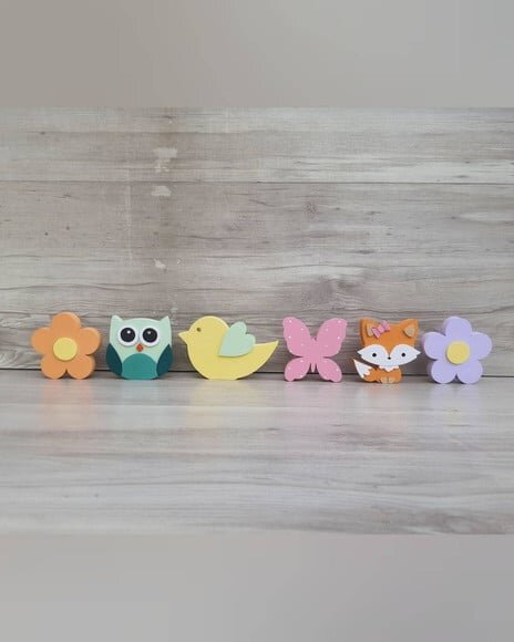Kit Flores, Raposa, Coruja, Borboleta e Passarinho - 8 cm