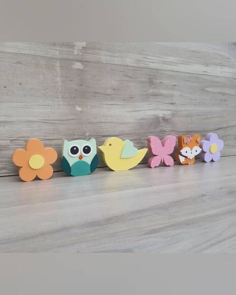 Kit Flores, Raposa, Coruja, Borboleta e Passarinho - 8 cm