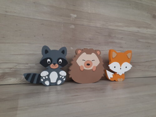 Kit Guaxinim, Porco Espinho e Raposa - 15 cm - em mdf
