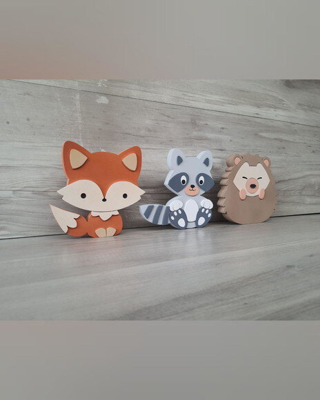 Kit Guaxinim, Porco Espinho e Raposa - 15 cm - em mdf
