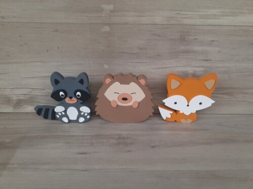 Kit Guaxinim, Porco Espinho e Raposa - 15 cm - em mdf