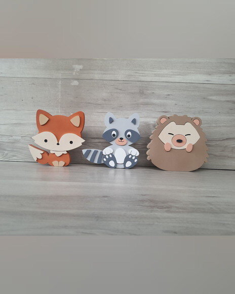 Kit Guaxinim, Porco Espinho e Raposa - 15 cm - em mdf