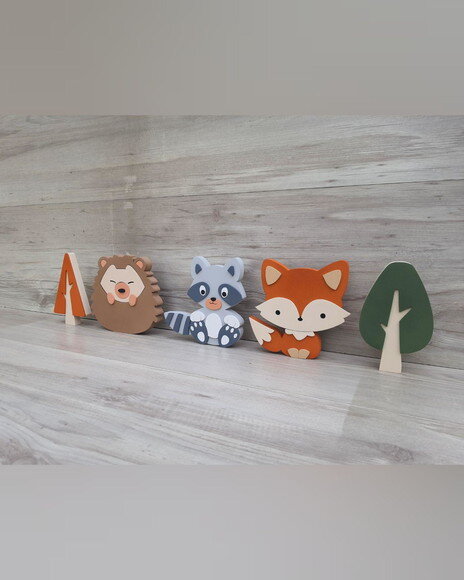 Kit Guaxinim, Porco Espinho, Raposa e Árvores - 15 cm - mdf
