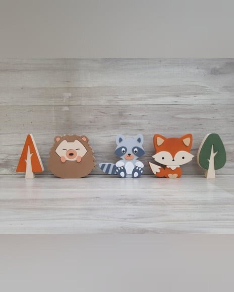 Kit Guaxinim, Porco Espinho, Raposa e Árvores - 15 cm - mdf