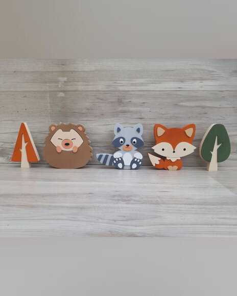 Kit Guaxinim, Porco Espinho, Raposa e Árvores - 15 cm - mdf