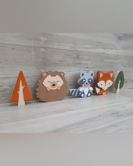 Kit Guaxinim, Porco Espinho, Raposa e Árvores - 15 cm - mdf