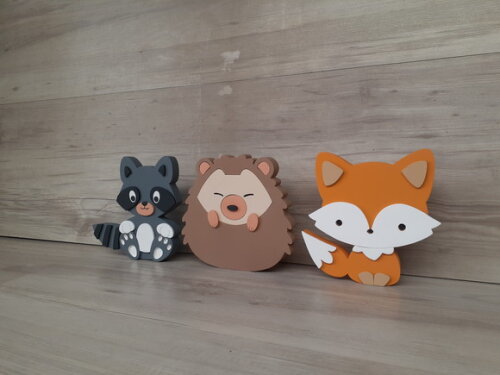 Kit Guaxinim, Porco Espinho e Raposa - 15 cm - em mdf