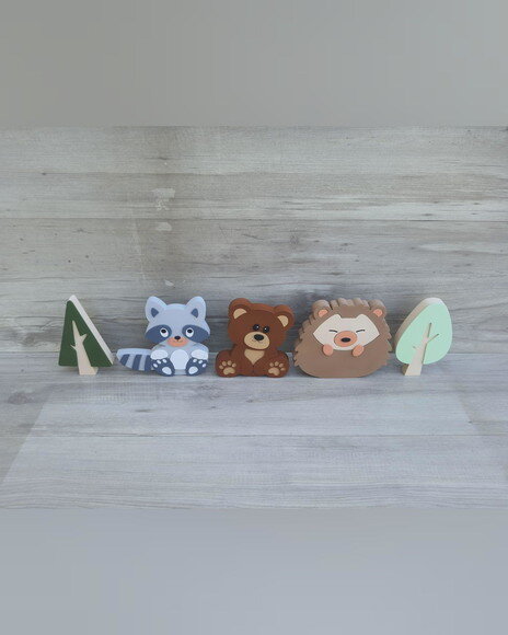 Kit Guaxinim, Porco Espinho, Ursinho e Árvores - 15 cm - mdf